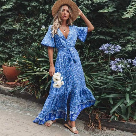 BOHO INSPIRED Maxi Dresses Blue Floral Print Tassel Tied Waist