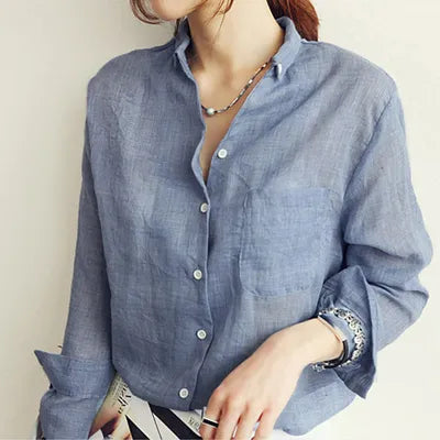 2025 Summer Linen Shirt Women Long Sleeve Blouse