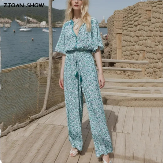 2025 BOHO Open Button v Neck Flower Print Jumpsuit