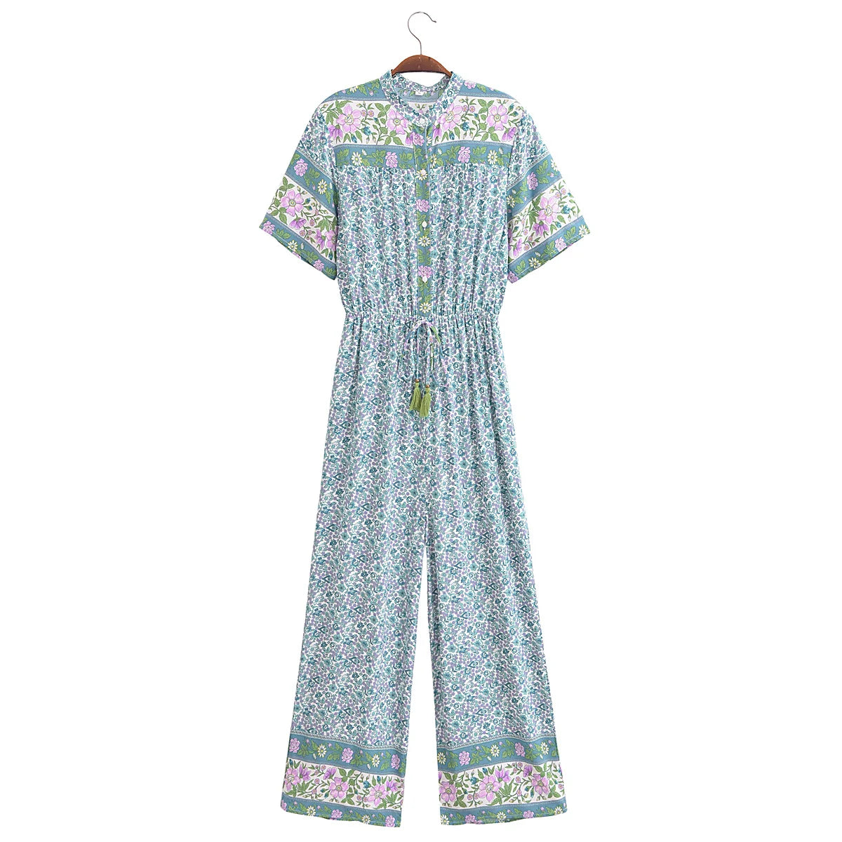 2025 BOHO Open Button v Neck Flower Print Jumpsuit