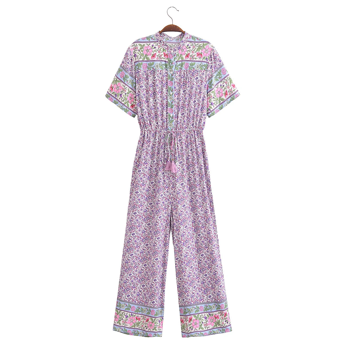 2025 BOHO Open Button v Neck Flower Print Jumpsuit