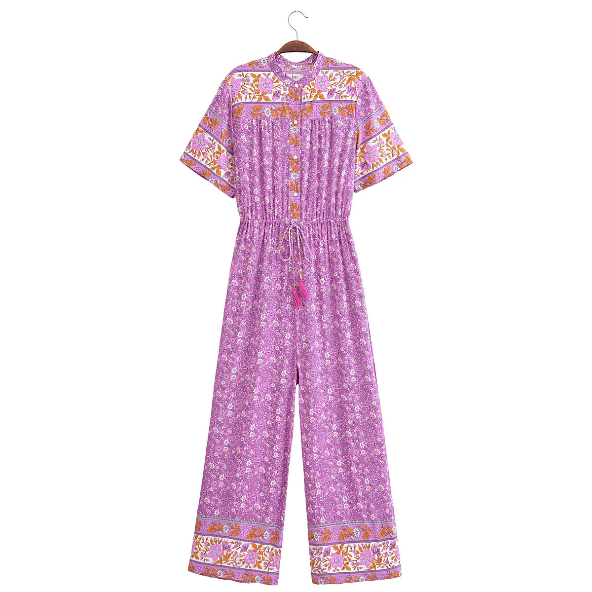 2025 BOHO Open Button v Neck Flower Print Jumpsuit