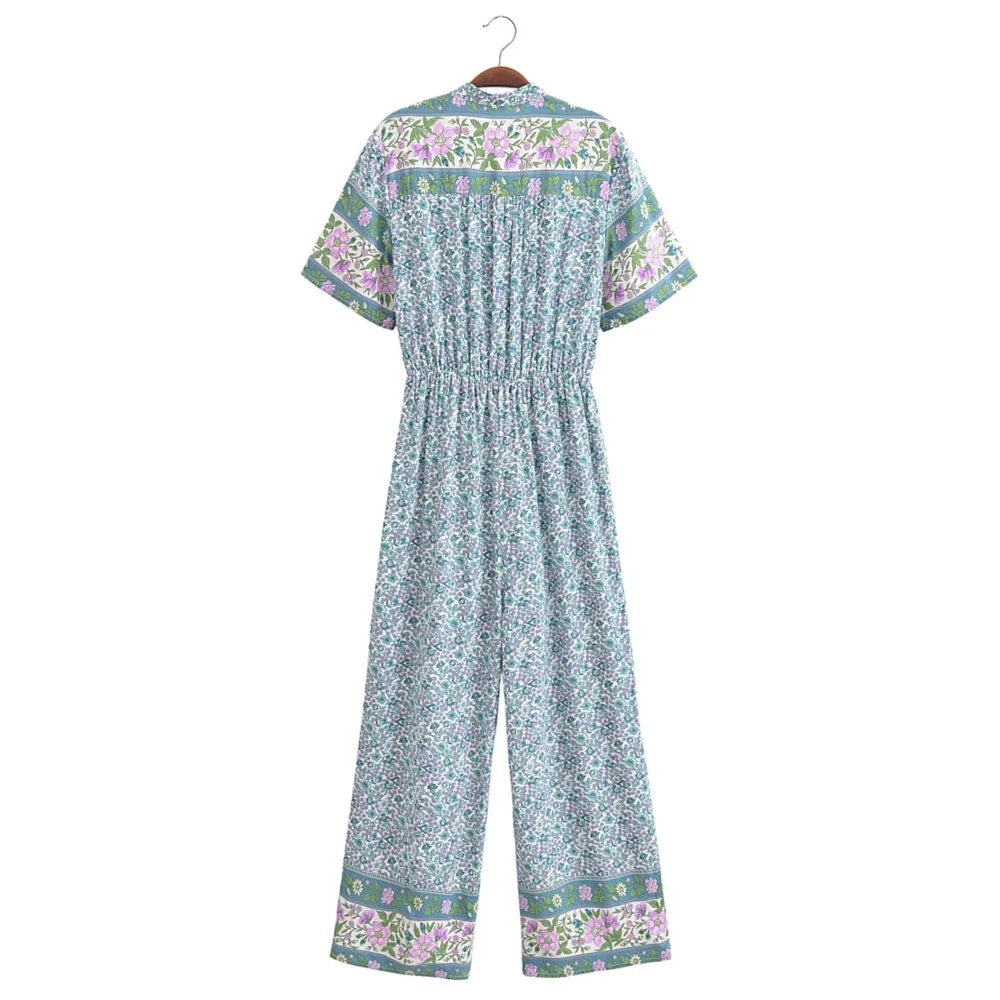 2025 BOHO Open Button v Neck Flower Print Jumpsuit