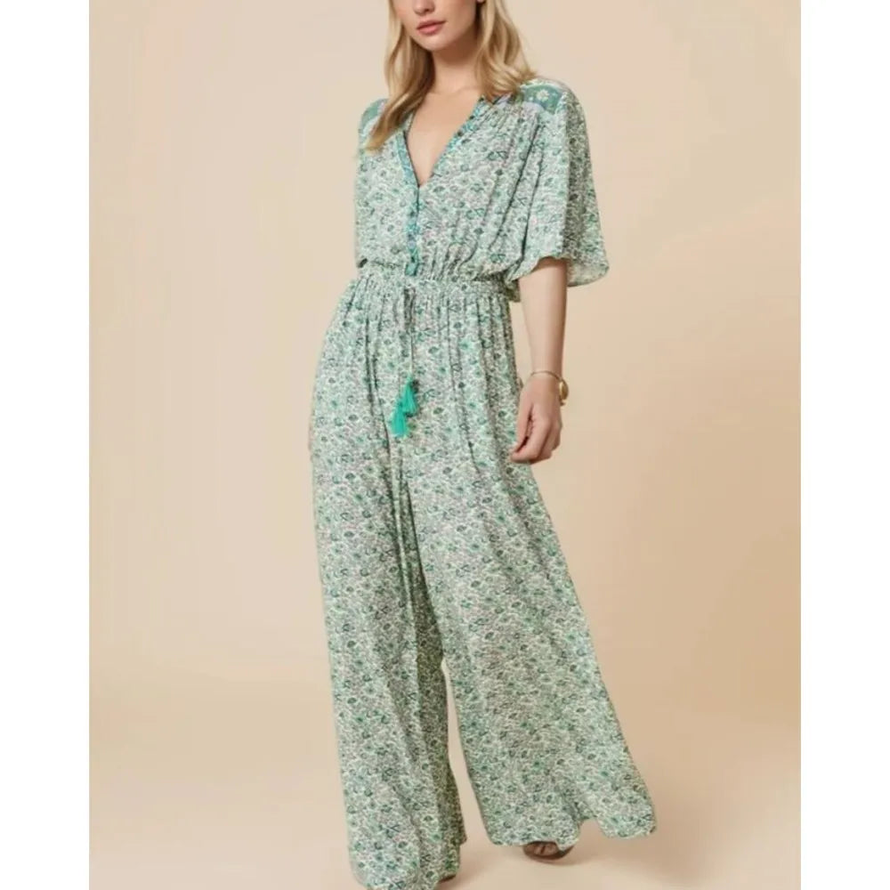 2025 BOHO Open Button v Neck Flower Print Jumpsuit