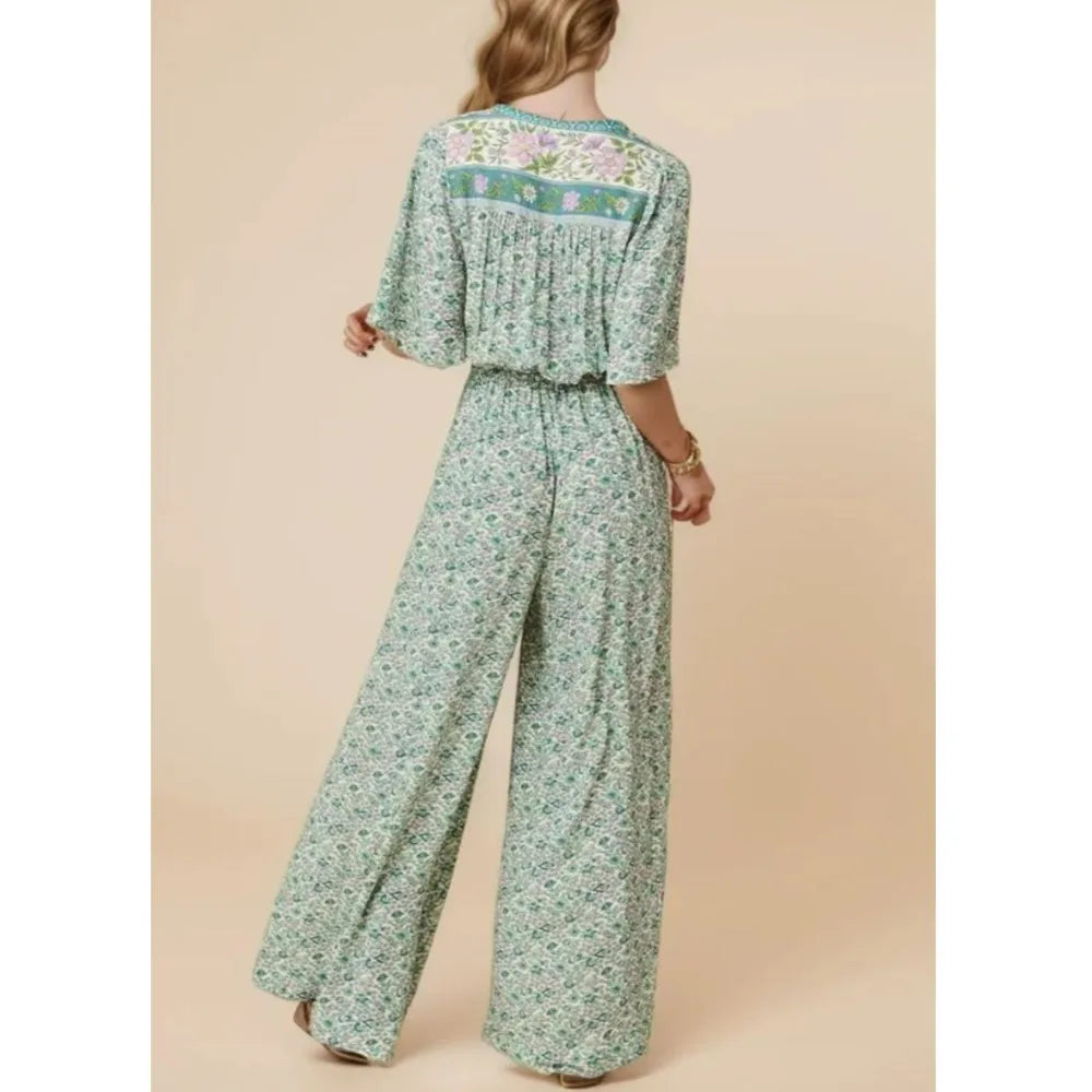 2025 BOHO Open Button v Neck Flower Print Jumpsuit